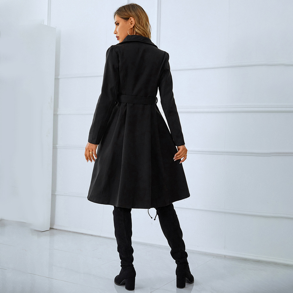 2023 Winter foreign trade women's clothing European and American new double-breasted with belt long sleeve woolen fashion black overcoat coat