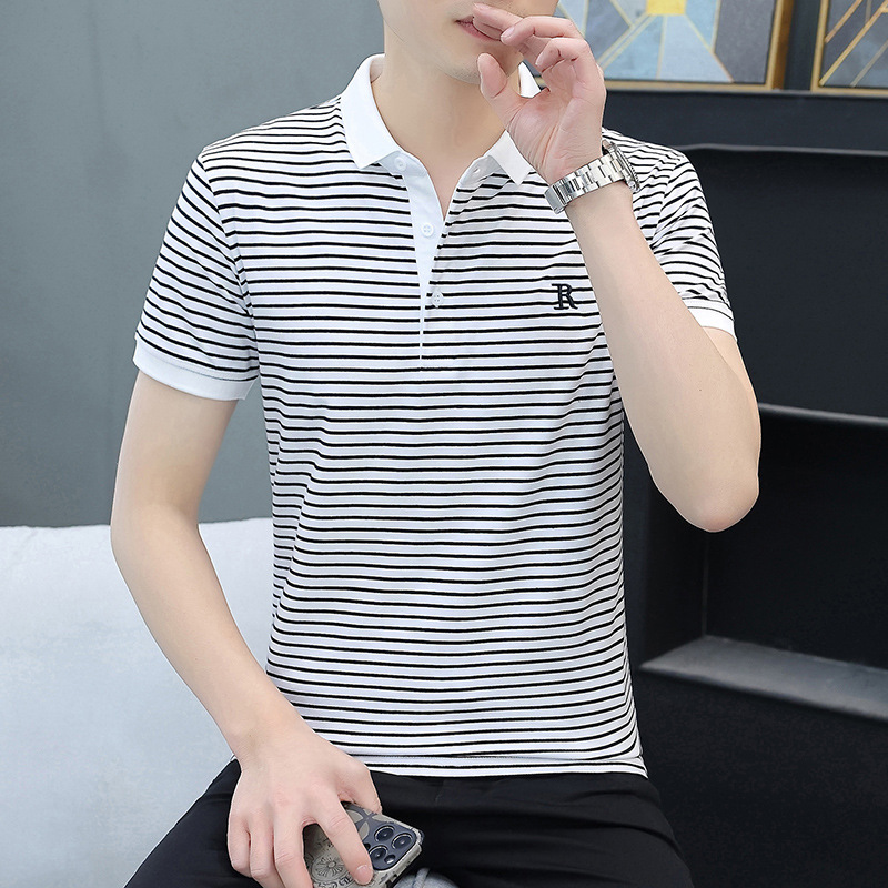 棉POLO衫短袖男夏季新款青年条纹短袖T恤修身韩版翻领半袖男装