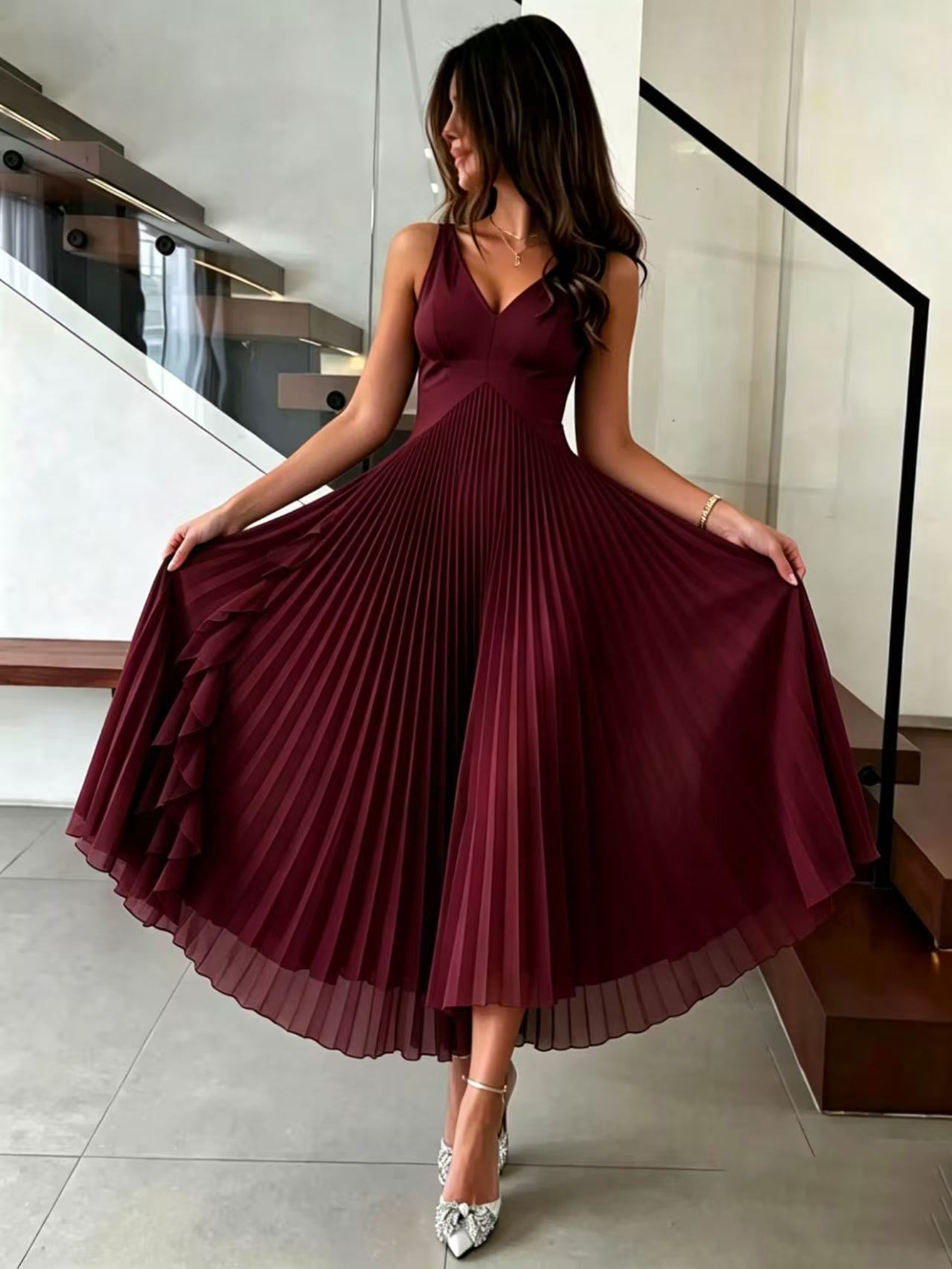 972W Europa y Estados Unidos vestido largo transfronterizo elegante plegado temperamento sin mangas plegado chiffon vestido de fiesta vestido largo
