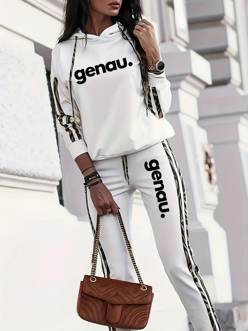 Ensemble sweat à capuche et pantalon de jogging tendance imprimé 3D – Tenue de détente surdimensionnée à imprimé lettres (S-XXL, polyester)_voghion.com