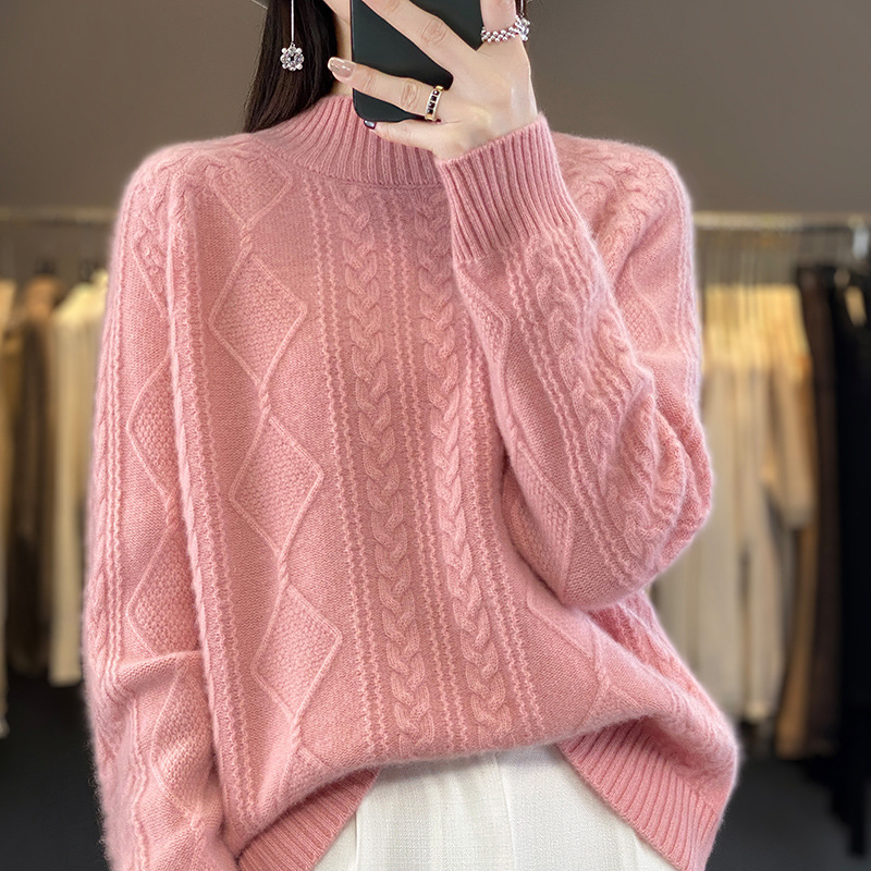 Autumn and winter New 100% pure woolen sweater women's half-high twisted long-sleeved sweater Korean style all-match wool bottoming sweater