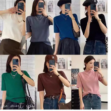 哥半袖女针织短袖春夏2025新款外穿内搭T恤七色半高打底一件代发