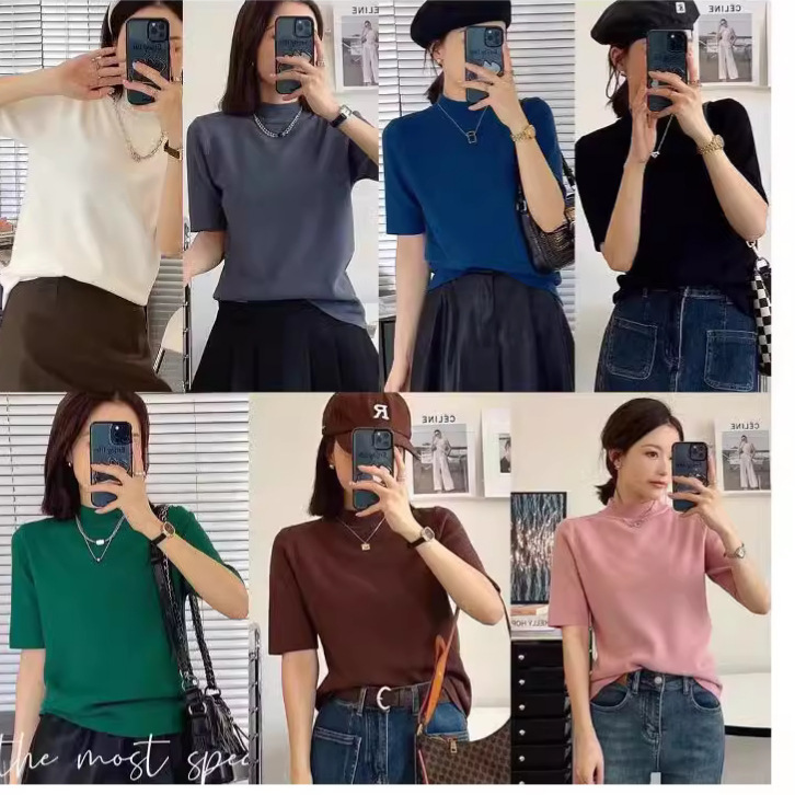 哥半袖女针织短袖春夏2025新款外穿内搭T恤七色半高打底一件代发