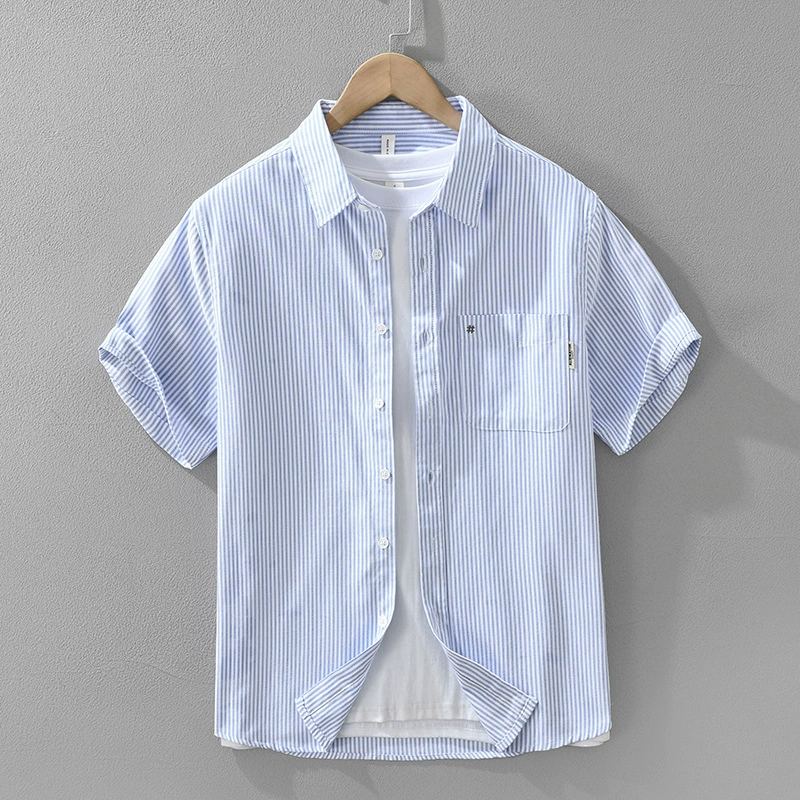 8156 Мужская полосатая рубашка Оксфорд в японском стиле с короткими рукавами, модный универсальный художественный повседневный свободный топ, цельный дропшиппинг