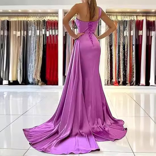 Nuevo europeo y americano Comercio exterior Amazon AliExpress deseo vestido de noche sexy un hombro solo satén adelgazamiento vestido largo