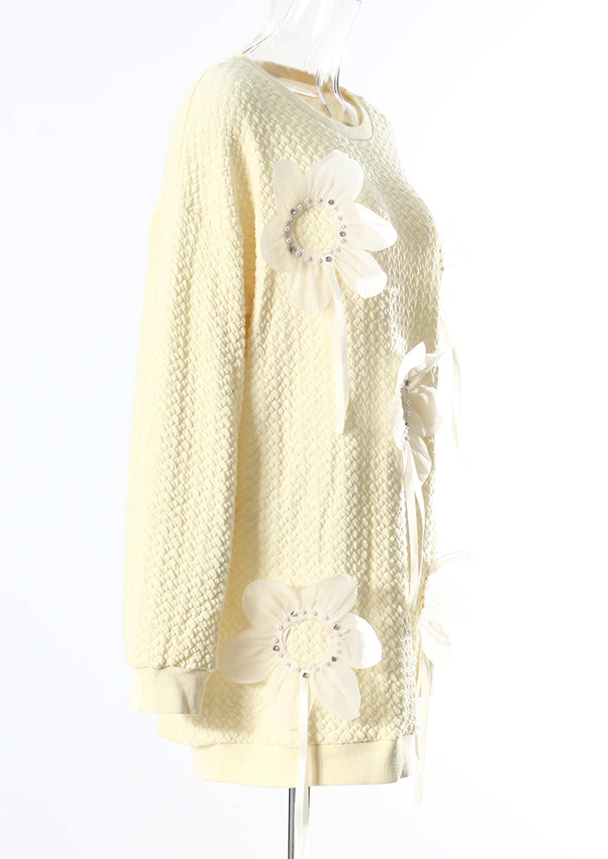 Mid Length Autumn Winter Solid Color Three Dimensional Floral Beaded Loose Outer Wear Sweatshirt