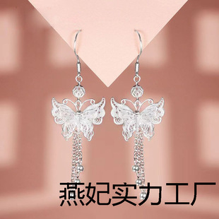 Pure Silver 999 Butterfly Tassel Filigree Earrings for Women New Chinoiserie Lily of the Valley Flower Earrings Ethnic Style Silver Han Dynasty Earrings