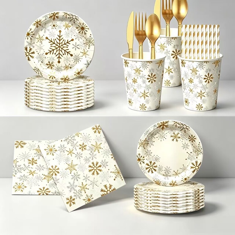 Hot-selling new white Christmas gold and silver snowflake party disposable paper plate and tableware set birthday party decorations