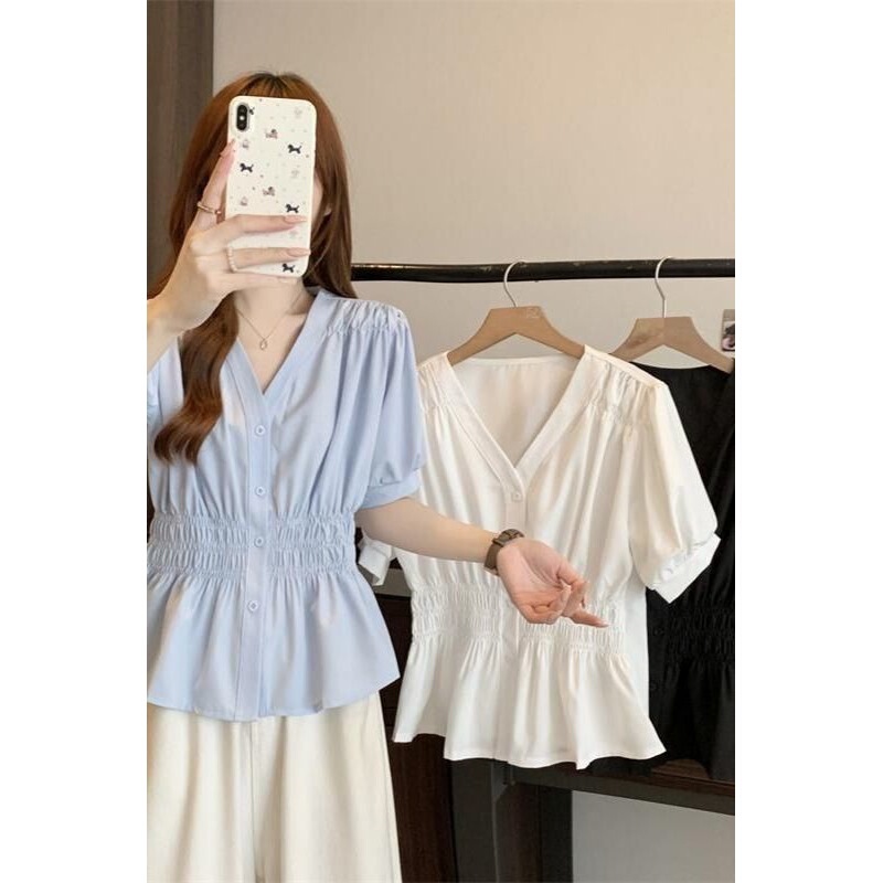 Plus-Size Women's Summer Shirts 2026 New Short-Sleeve Solid Color Tops for Women, Waist-Cinching and Slimming for Curvy Girls Plus-Size Women's Summer Shirts 2026 New Short-Sleeve Solid Color Tops for Women, Waist-Cinching and Slimming for Curvy Girls
