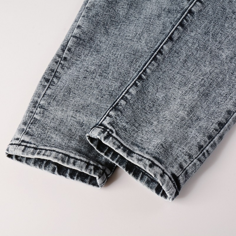 Vêtements pour hommes dans le même style moustaches de chat froissées patchwork noir trous en cuir élastique slim fit jeans skinny jeans_voghion.com