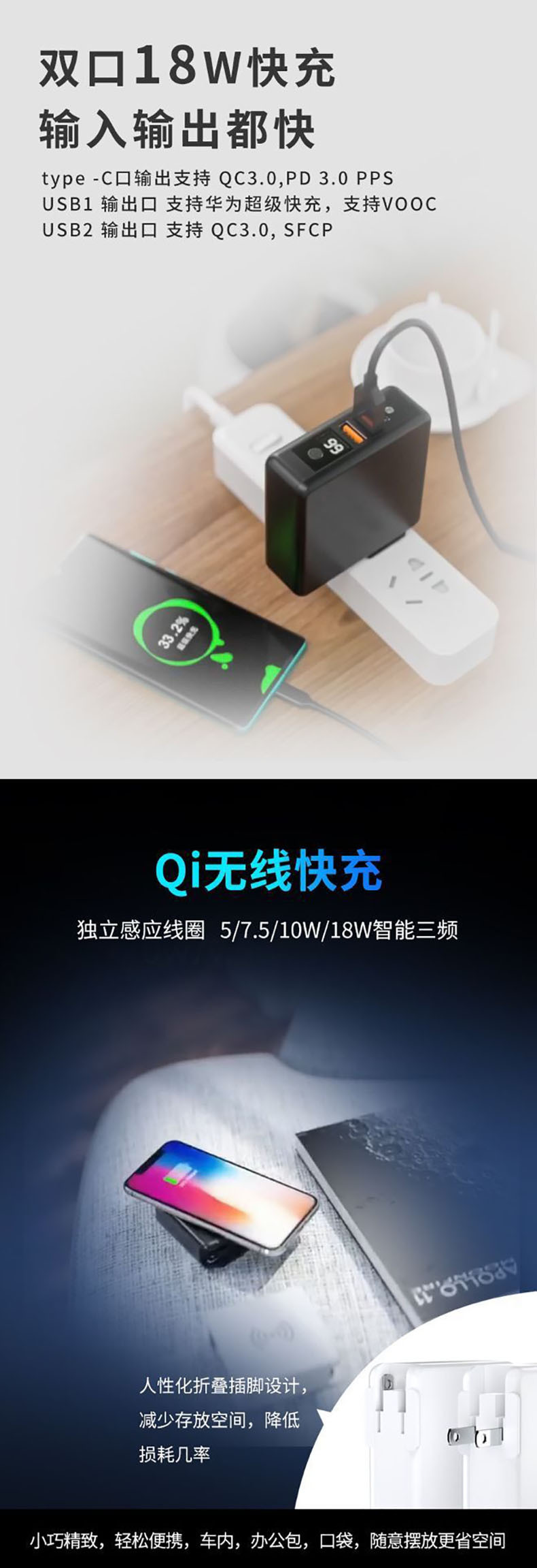 跨境自带插头带线10000毫安快充充电宝便携powerbank移动行動電源详情20