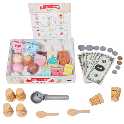 Wooden simulation play house ice cream and ice cream shop selling kitchen cutlery canteen cashier parent-child toys