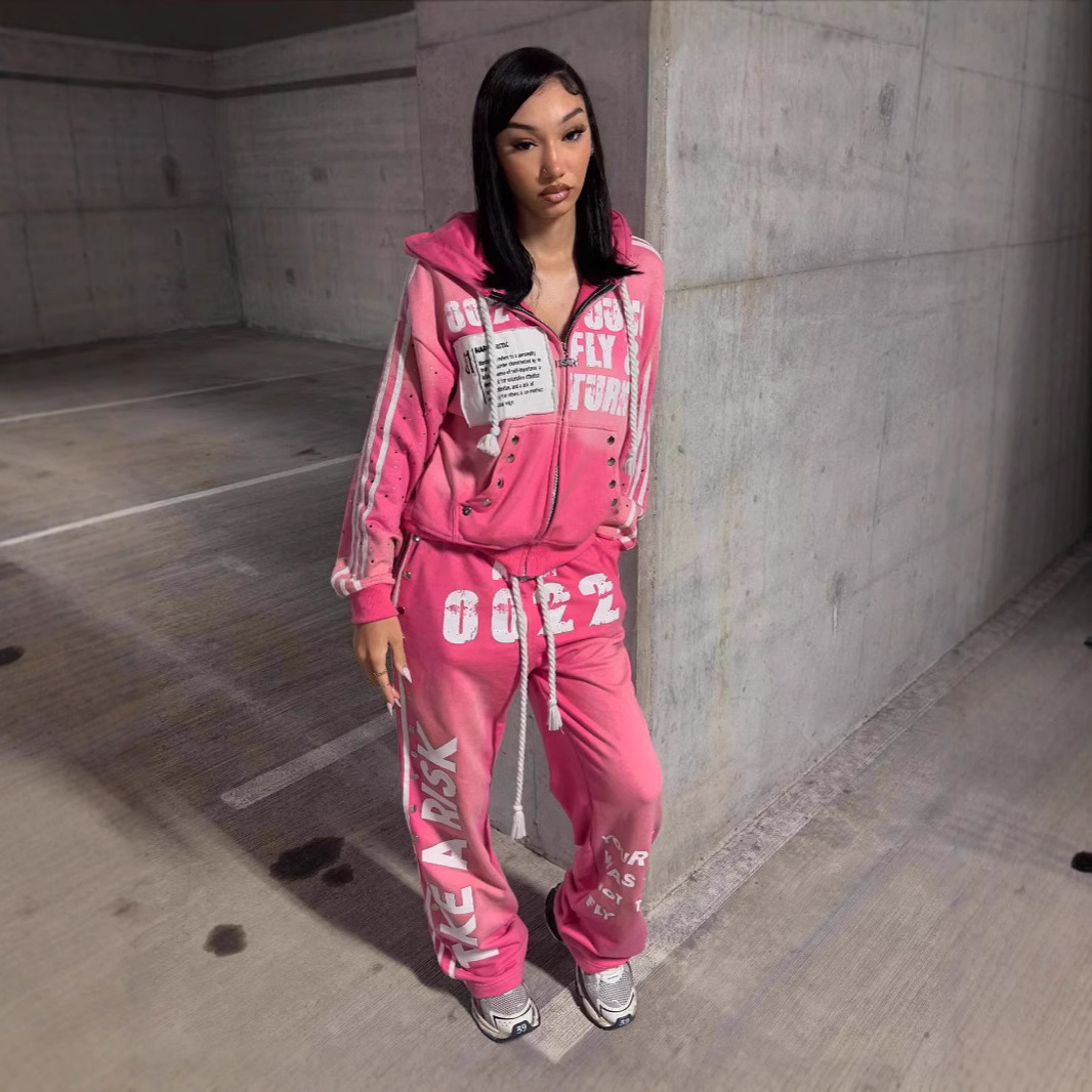 欧美连帽卫衣套装时尚休闲长裤印花嘻哈摇滚男女同款卫衣外套