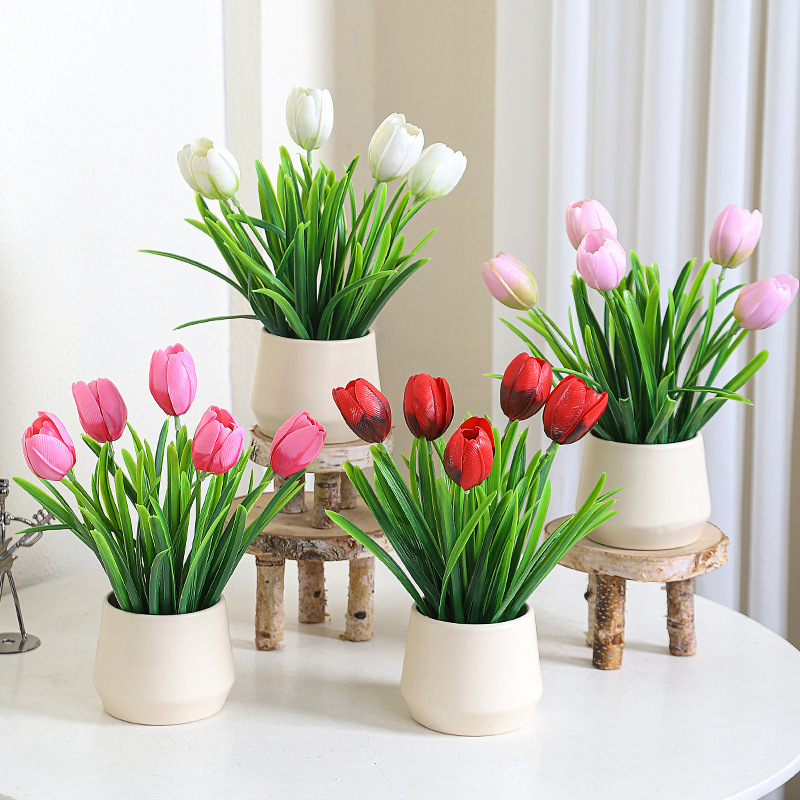 Planta artificial de tulipán minimalista de lujo ligero, planta en maceta, adorno decorativo moderno para sala de estar, mueble de TV, planta artificial en maceta verde. image 3