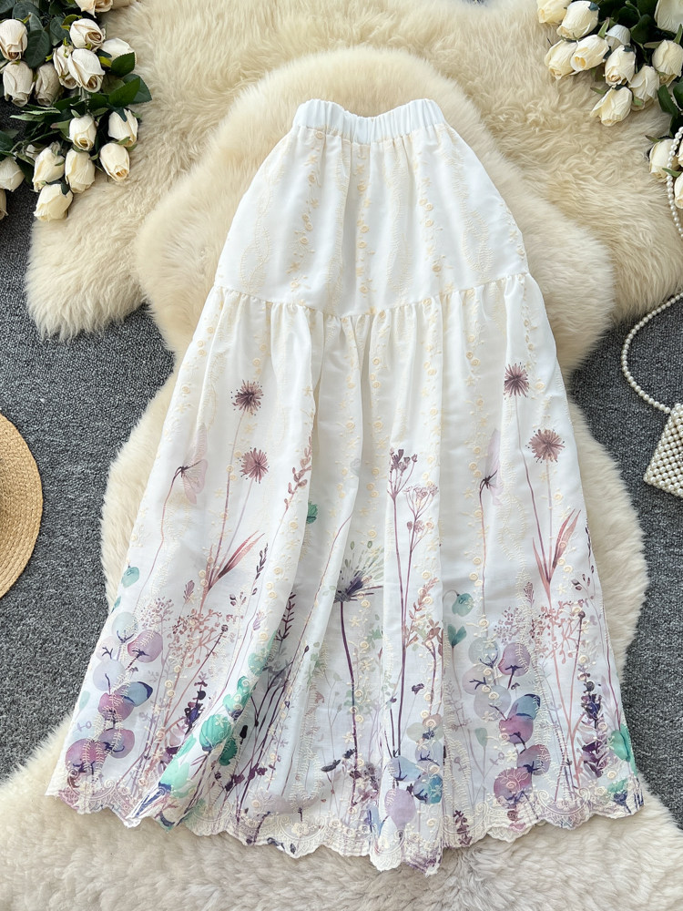 Women's French Sweet Style Floral Print Patchwork A-Line Midi Skirt High Waist Slimming mid Length Summer Fairy like Cake Skirt_ecoleips.com