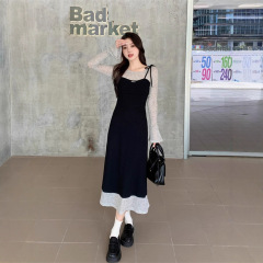 大码女装2025胖mm秋季新款法式假两件修身喇叭袖连衣裙