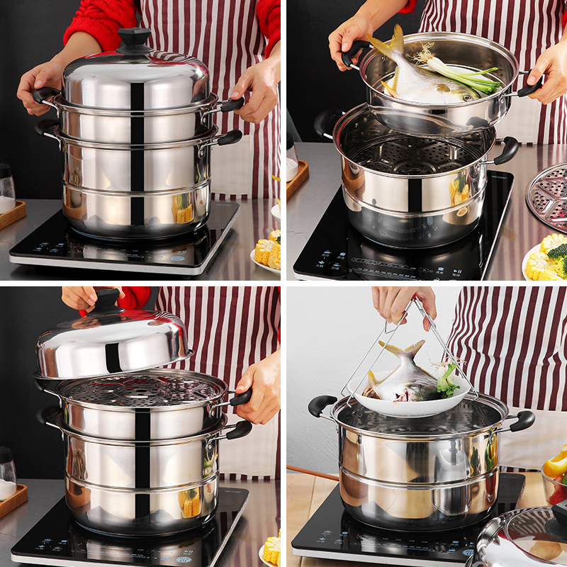 steamer Stainless steel thickening three layers double-deck multi-storey Steamed buns steamer household Electromagnetic furnace Gas stove Cookware