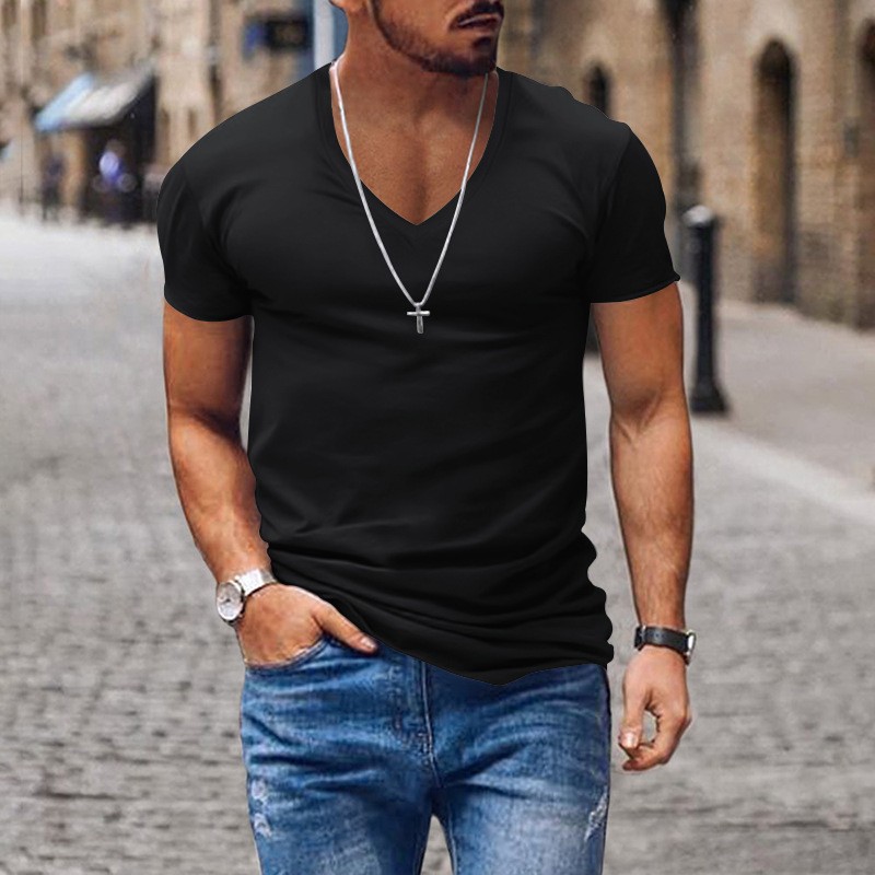Cross-Border European And American Summer Men's V-Neck Solid Color Slim Fit Thin Casual T-Shirt Short_voghion.com