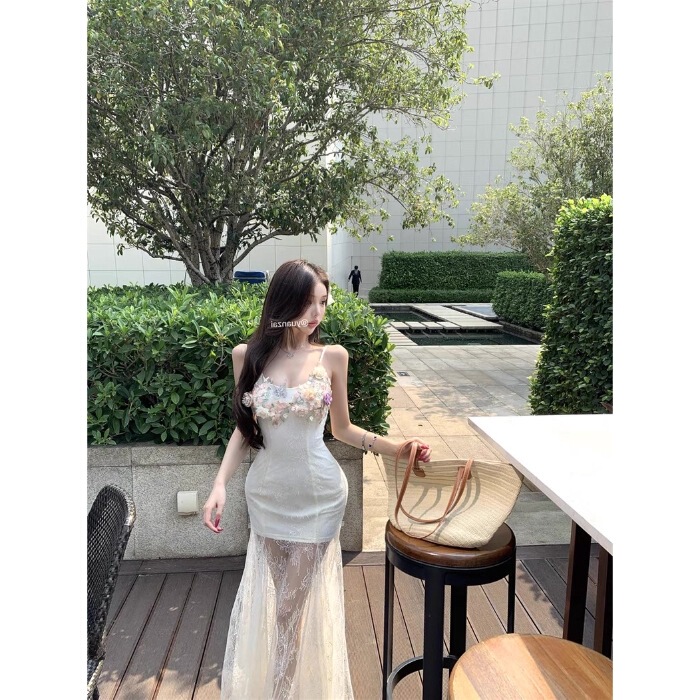 夏の美しい写真撮影ドレス、ヘビーレーススカート、フレンチエレガントなホリデーサスペンダーロングスカート|undefined