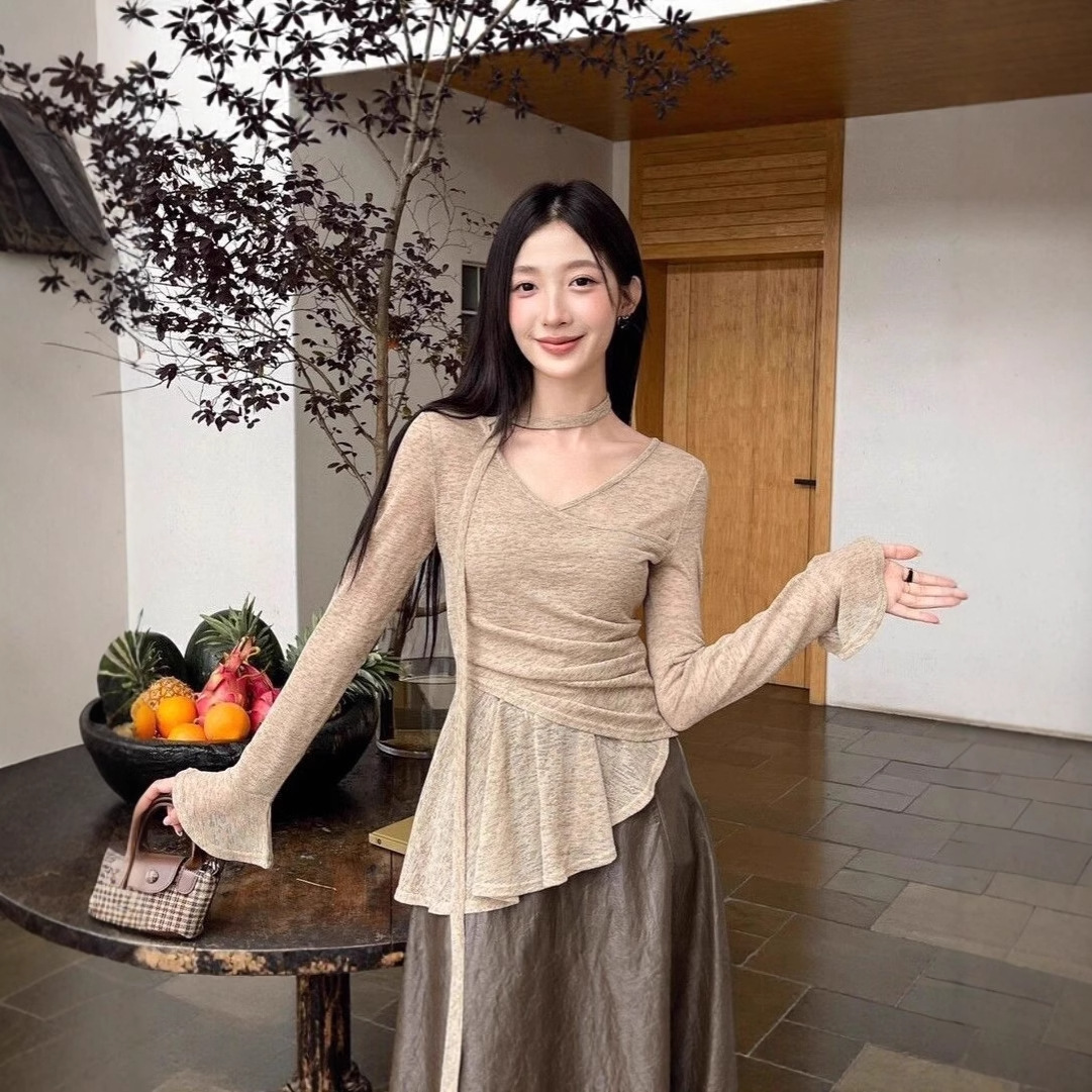 2025 New Autum Korean Design Niche Ruffled Asymmetrical Waist T-Shirt Elegant Ribbon Top for Women