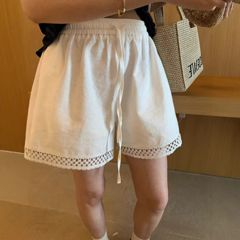 Lace-Trimmed Off-White Linen Shorts for Women, Summer Thin Loose Wide-Leg Pants for Home Casual Wear and Sports Shorts