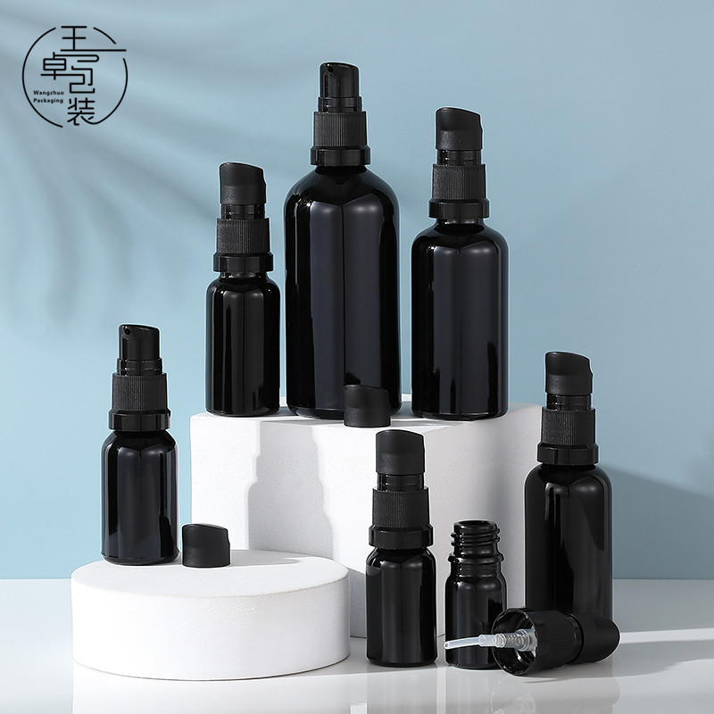 厂家现货5-100ml黑色精油瓶 喷雾乳液瓶18牙鸟嘴泵欧款黑瓷精油瓶