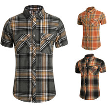 跨境2024夏季新款男士双口袋格子衬衫男青年帅气大码衬衣男短袖潮