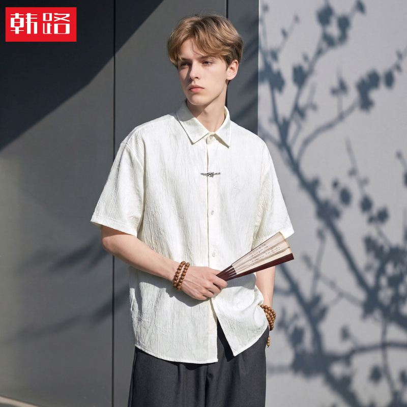 New Chinese-Style Plum Blossom Texture Breathable Short-Sleeved Shirt for Men, Summer National Style High-End Casual Shirt with Metal Buckle