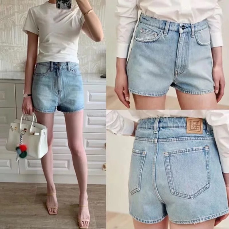 Nordic Toteme summer high waist slim fit light blue Denim washed old retro style women's hot pants