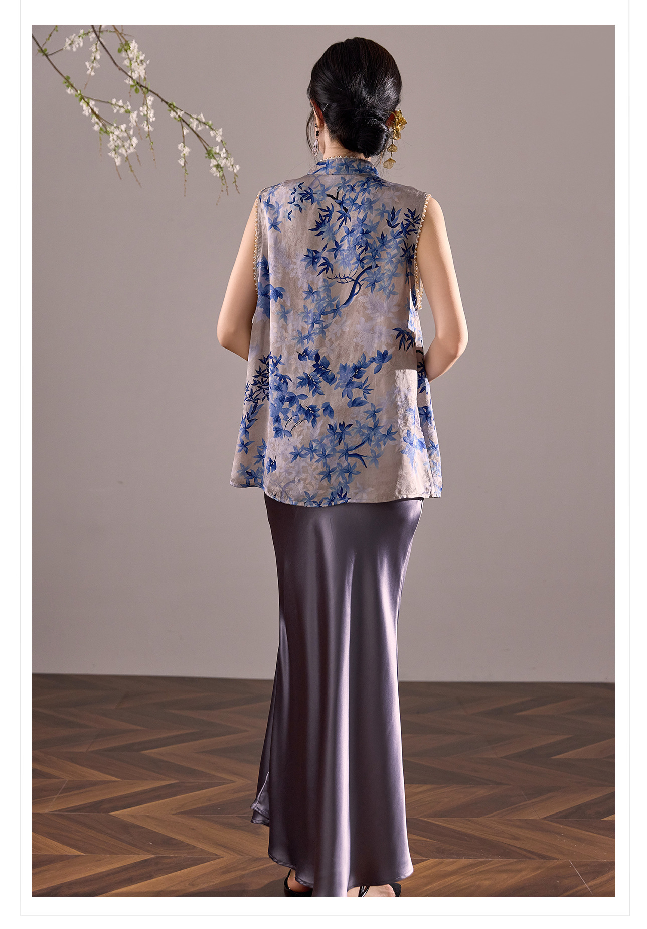 Áo vest gile nữ cổ đứng không tay phong cách cổ điển Trung Hoa, đính chuỗi hạt, mùa hè M8035 — màu xanh chi tiết 15