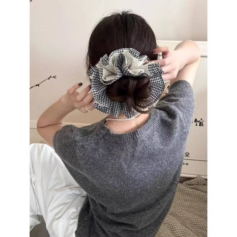 フレンチレトロな二層チェック柄レースの大きなヘアゴム、文学少女カレッジスタイルのヘアロープポニーテールヘッドロープ|undefined