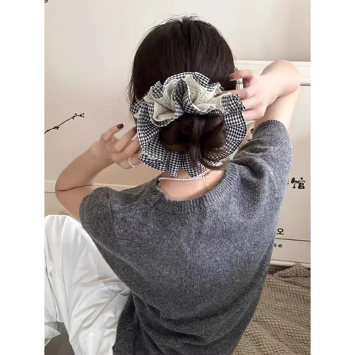 French Retro Double Layer Check Lace Large Size Big Bow Hair Band for Girls 