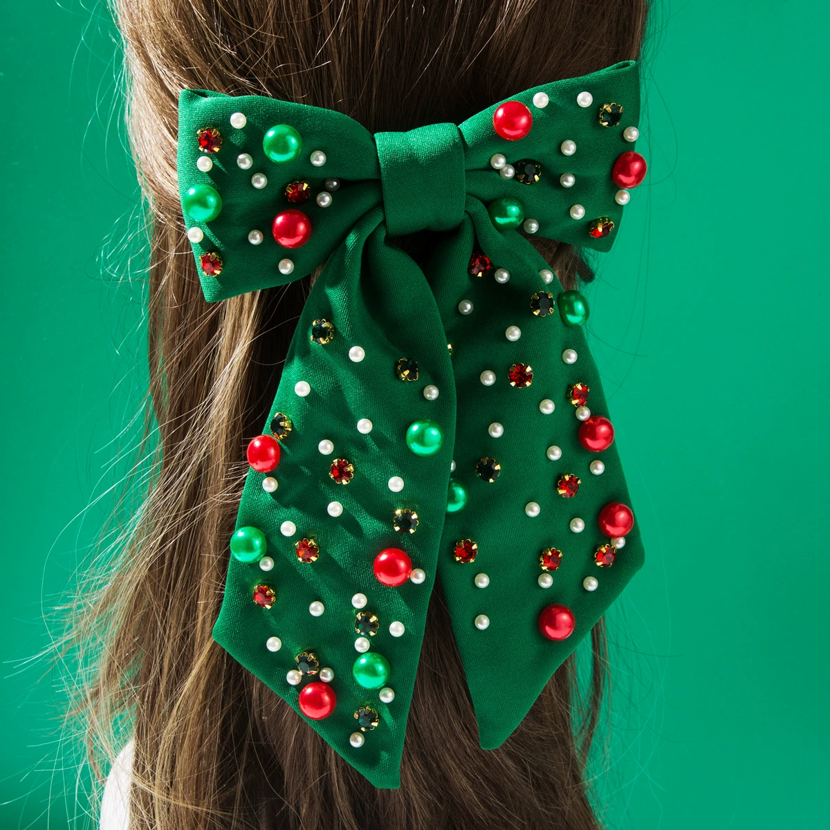 Hairband headband, European-style fabric with pearls, Christmas green/red, 15×13 cm, elegant knot