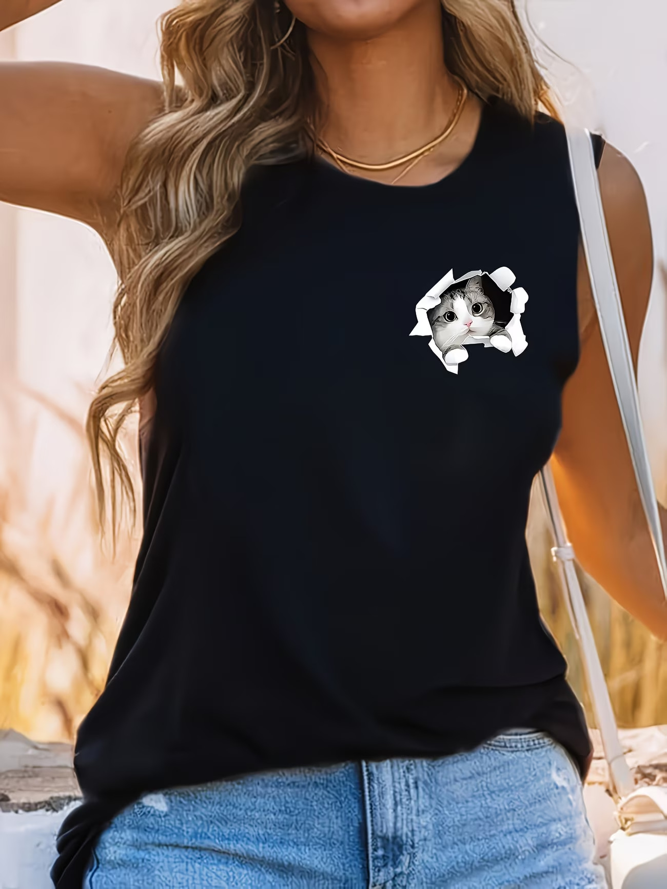 Women's Clothing Summer Cute Cat Print Vest T-Shirt Women's Clothing Top European American Style A12 Print_ecoleips.com
