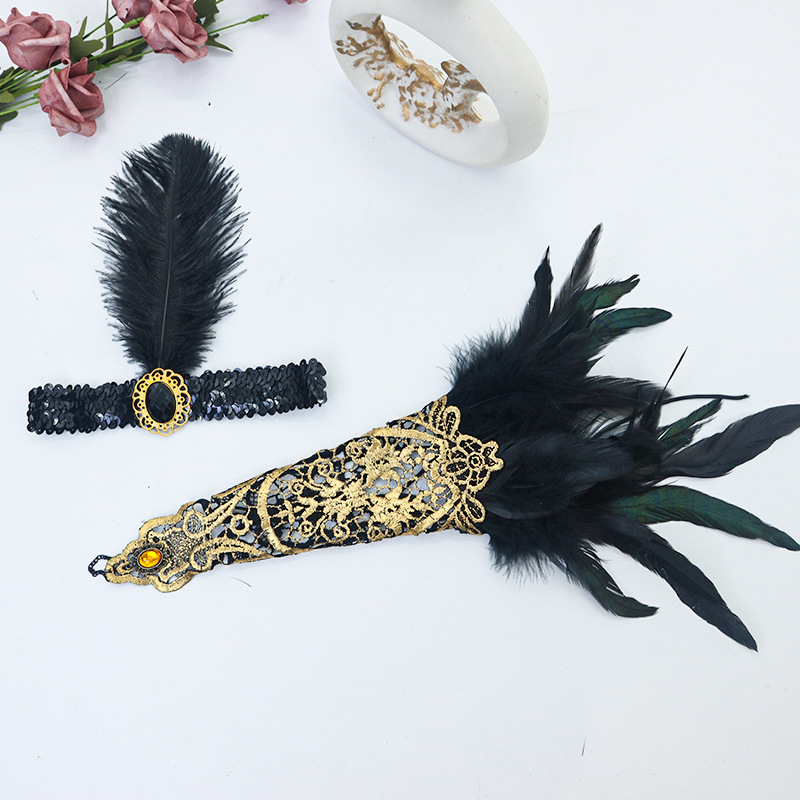 Máscara de plumas estilo gótico para fiesta, encaje calado, protector de brazo, diadema elástica con lentejuelas, estilo oscuro TK