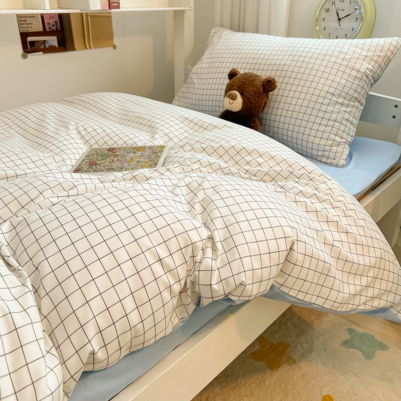 25 ropa de cama de estudiante de algodón lavado de nuevo estilo, sábanas de tres piezas, funda de edredón de cuatro piezas, dormitorio de alquiler, dormitorio dedicado