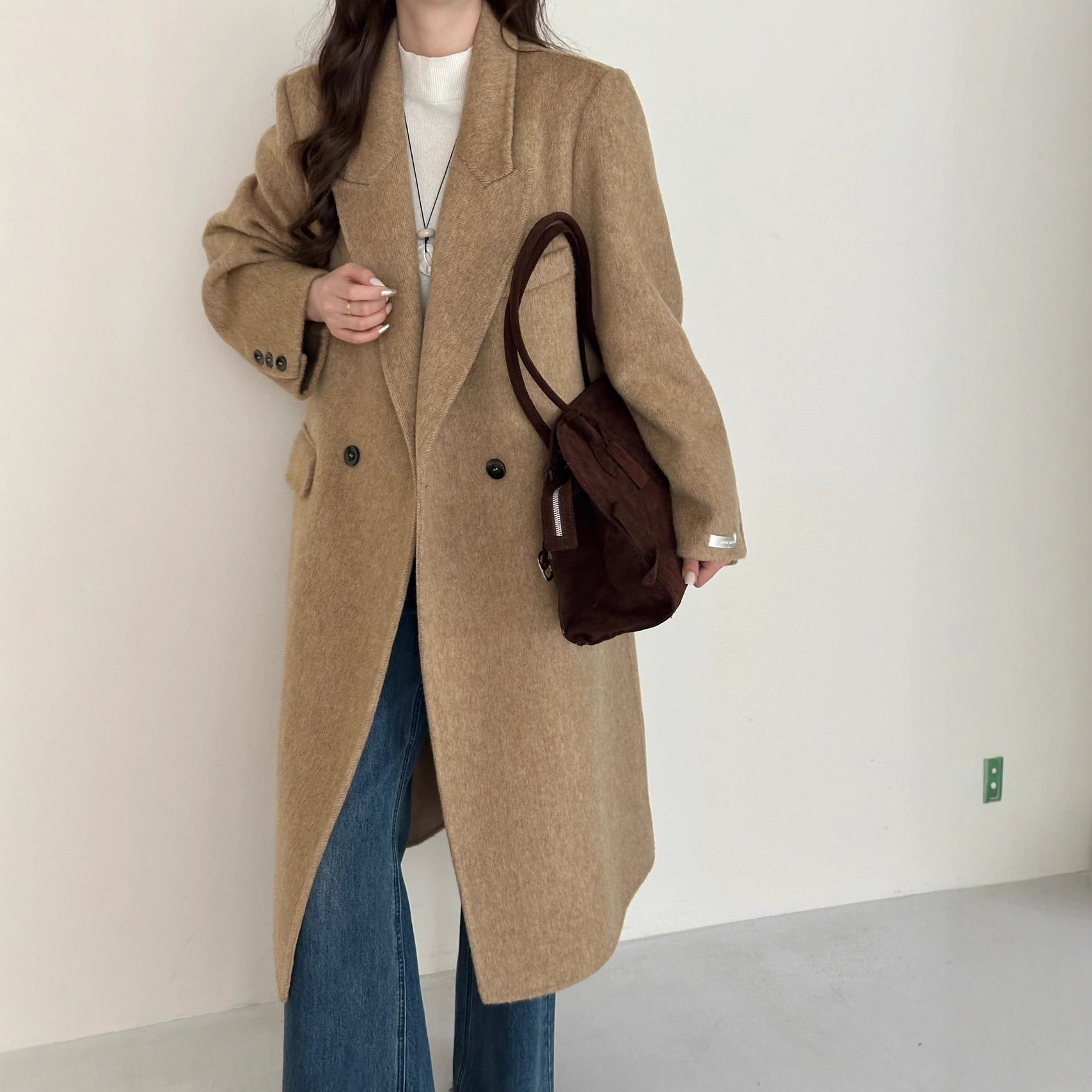 韩版气质休闲双面羊毛大衣女秋冬新款正肩显瘦中长款羊毛呢外套女