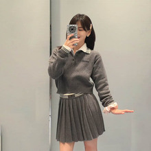 秋冬新款缪家学院风撞色翻领针织羊毛POLO衫毛衣+百褶裙两件套女