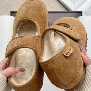 [Armanno] Mary Jane shoes with heel height 4cm, furry shoes, suede Velcro plus velvet warm casual cotton shoes for winter