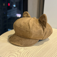 麂皮绒猫耳贝雷帽女秋冬季帽子时尚百搭韩式甜美短檐休闲画家帽潮