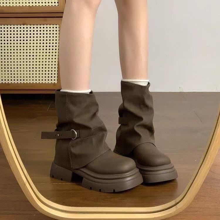 Maillard Short Boots for Women, Brown Martin Boots, 2025 Autumn and Winter New Thick-Soled Western Booties, Retro Slouch Boots