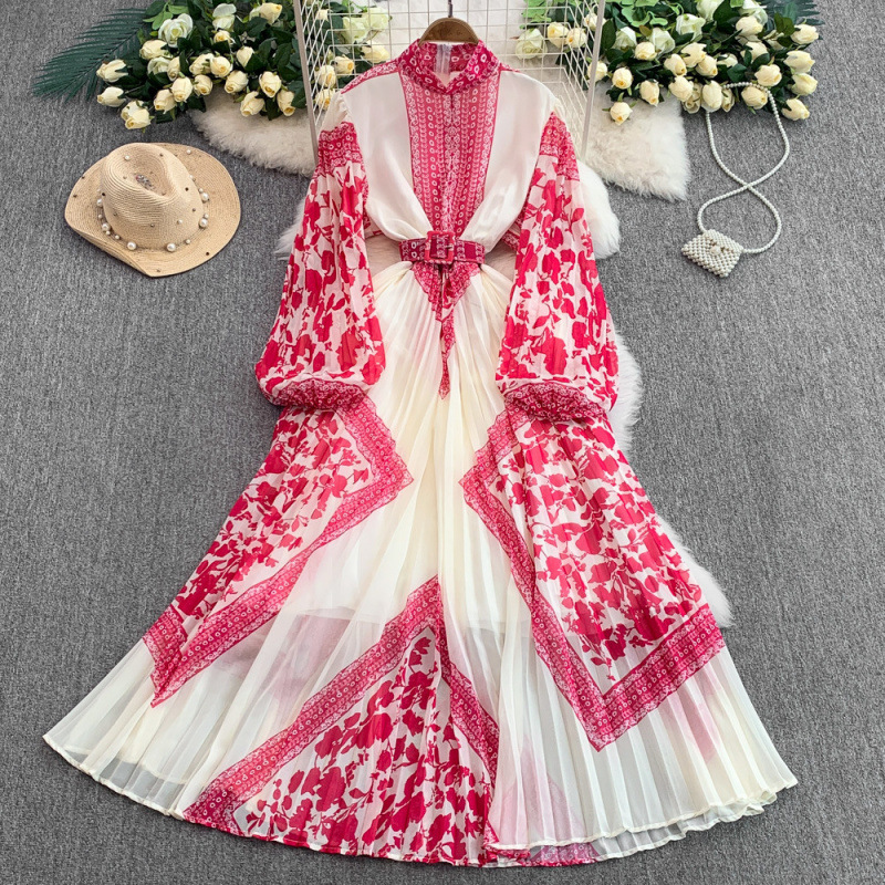 Retro Women's Printed Dress Stand Collar Lantern Sleeve Slim Waist Pleated Long Skirt For Summer New Fashion_voghion.com