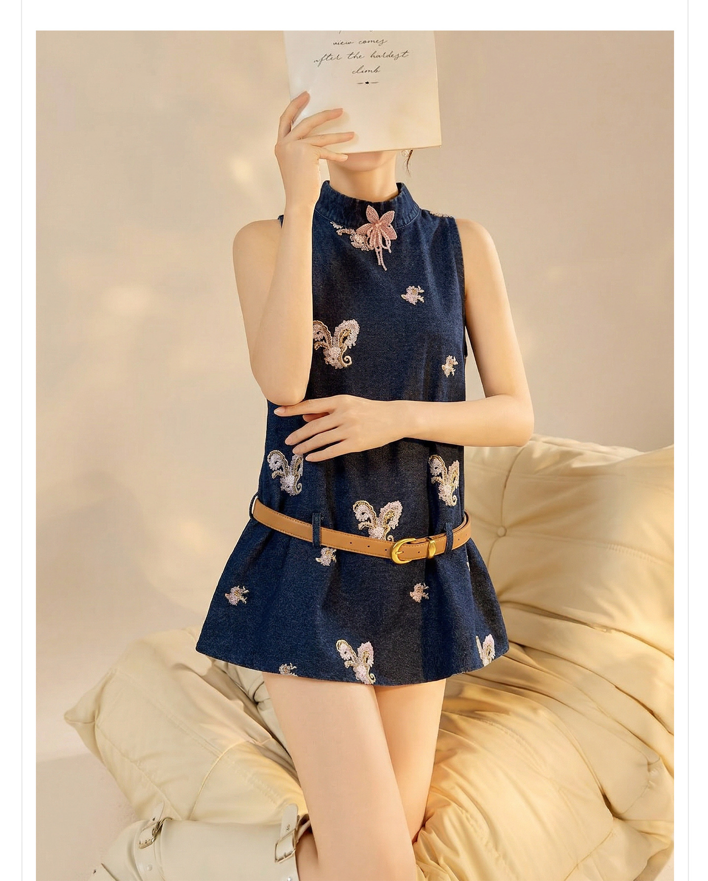 Bộ áo không tay và quần short denim phong cách Tân Trung Hoa mùa hè — bộ đồ, Trang chủ, quần đùi chi tiết 2