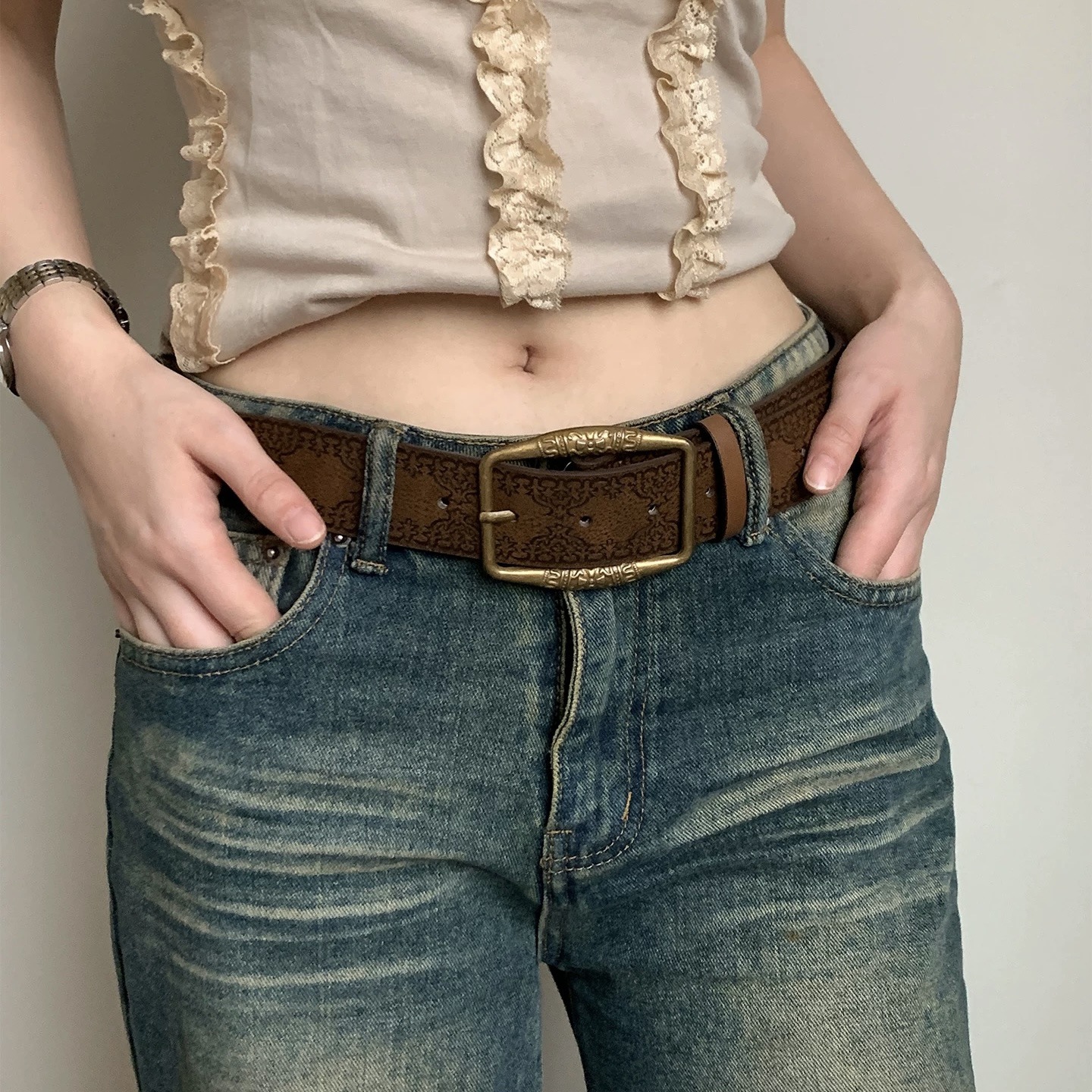American-style leather belt for men and women Y2K 2025 new fashion young people hot girl skirt pairing high-end trendy vintage brown