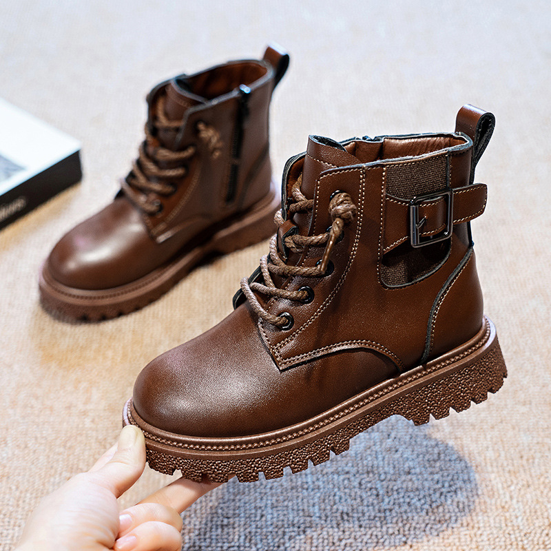 Bottes en cuir pour enfants, bottes courtes de style britannique pour hommes, bottes montantes de taille moyenne, automne/hiver 2023_voghion.com