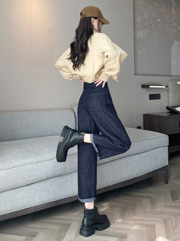 丹宁蓝卷边哈伦牛仔裤女秋季2025新款高腰宽松显瘦九分萝卜直筒裤|undefined