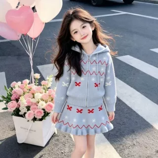 女童毛衣套装26冬季新款连帽针织雪花拉链开衫外套半身裙两件套