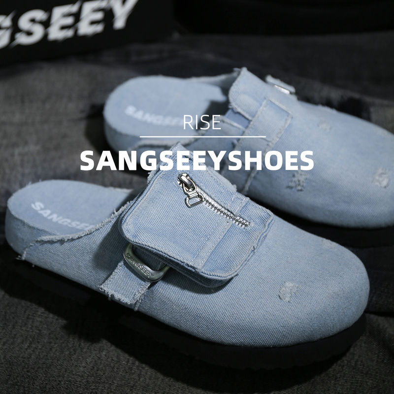 SANGSEEY情侣款隐形增高鞋潮流原创设计款包头拖鞋透气牛仔勃肯鞋|undefined