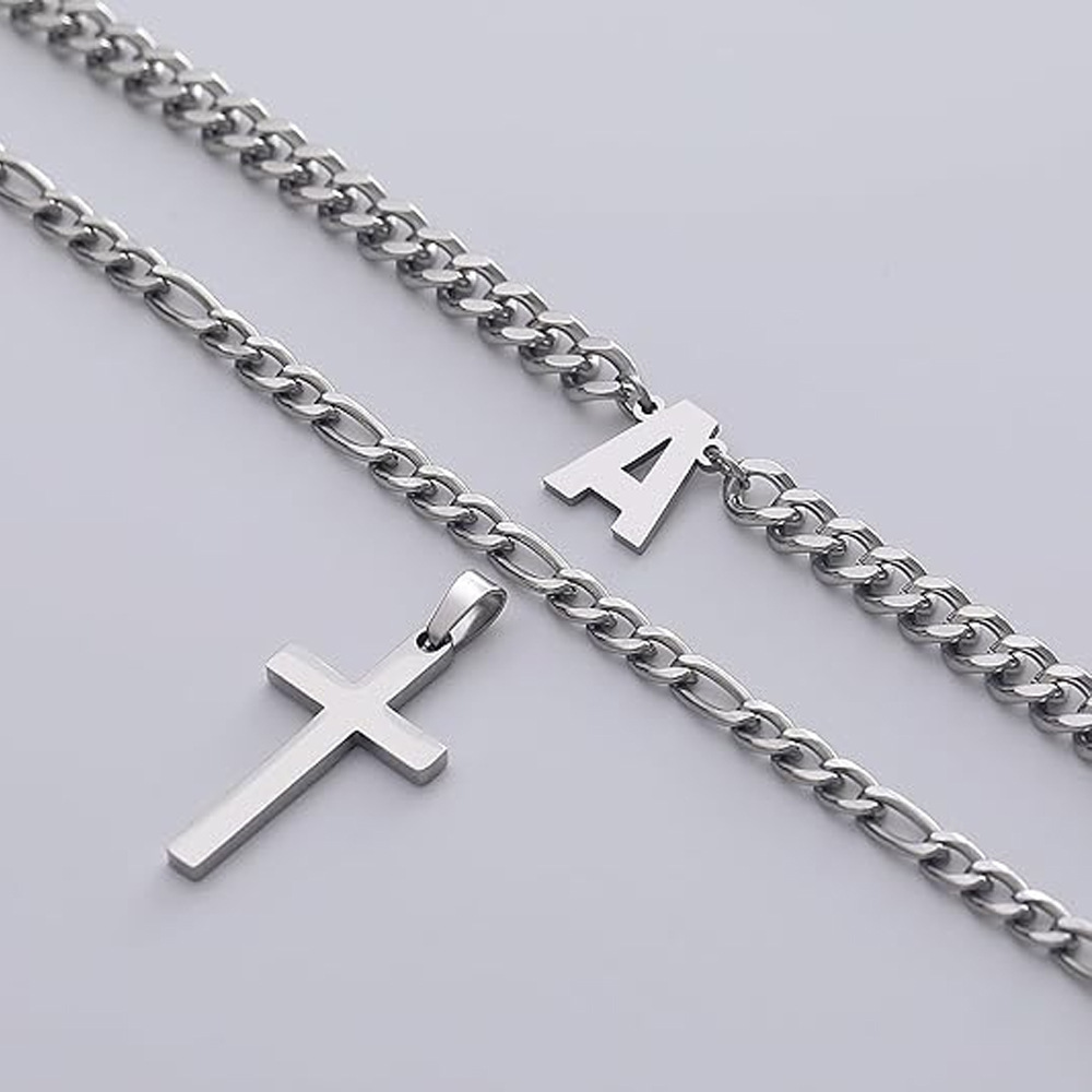 Men's Figaro Chain Initial Letter Necklace With Cross Pendant_voghion.com