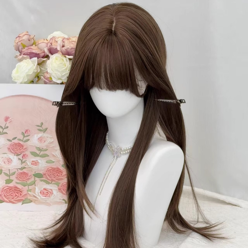 【Small Face Tea Brown】Koni Damenperücke in kühlem Braun, lange glatte Haare mit Pony, Vollkopfperücke empfohlen